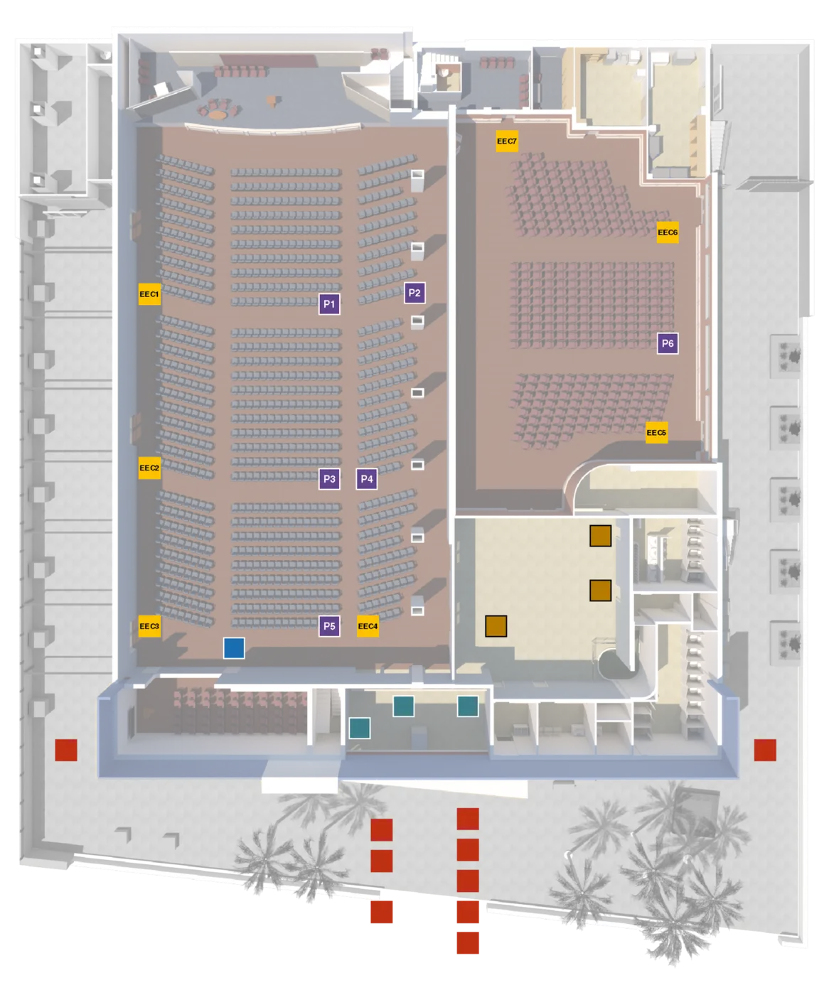 Plano general con las posiciones asignadas en los auditorios y accesos